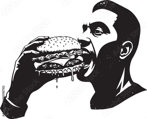 Bold monochrome artwork portraying a man devouring a sizable, dr