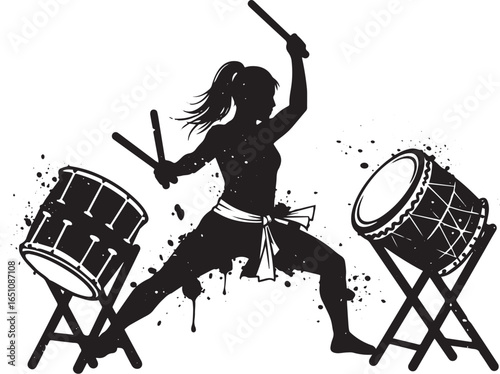 Dynamic silhouette of a woman playing taiko drums with powerful
