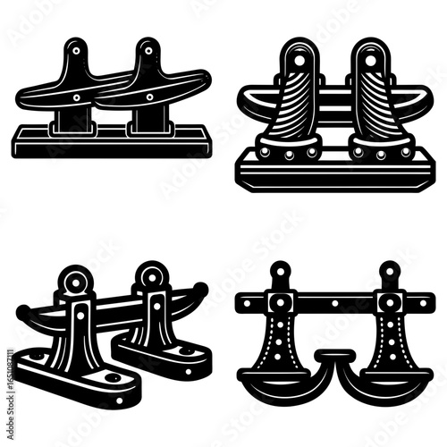 Illustration showing four different styles of black and white boat cleats in a vector graphic design