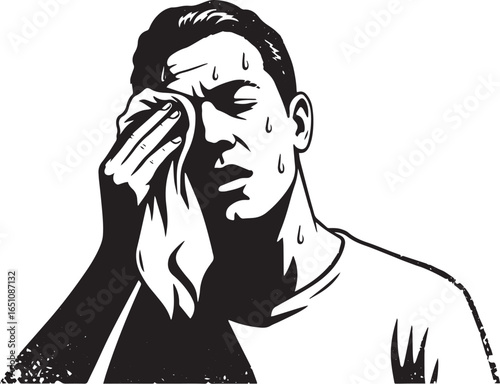 Monochrome illustration of a man wiping sweat from his face with