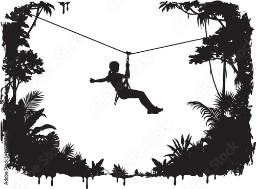 Silhouette of a woman ziplining through a lush tropical jungle c