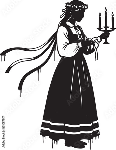 Symbolic silhouette of a maiden holding a candelabra with burnin