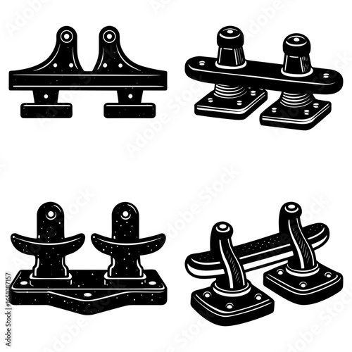 Illustration of various boat cleats in black and white showing different designs for marine mooring equipment
