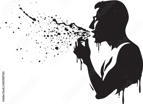 Conceptual monochrome silhouette of a man spraying aerosol liqui