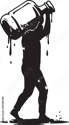 Silhouette of a figure carrying a leaking bottle, symbolic burde