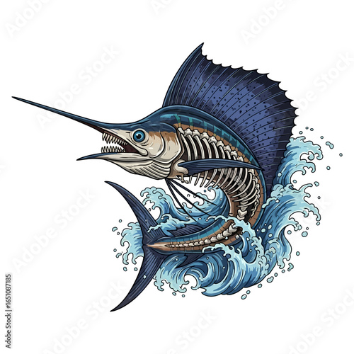 skeleton marlin sailfish fishing illustration logo vector image t shirt