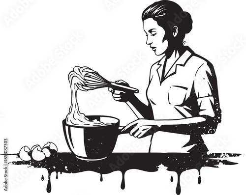 Black and white illustration of a woman whisking eggs in a kitch