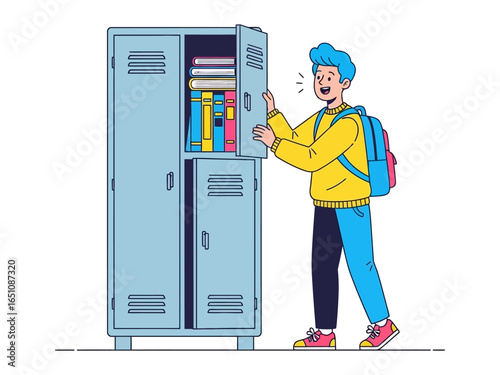 School Locker Discovery: A young student with a backpack opens a school locker, revealing a trove of textbooks, books, and academic supplies. Capturing the essence of knowledge and youthful curiosity.