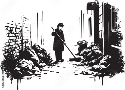 Monochrome sanitation worker sweeping rubbish bags in an urban e