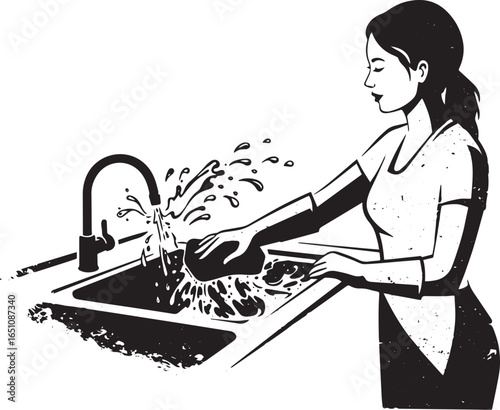 Vintage style illustration of a woman washing dishes with flowin