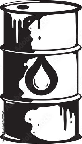 Stylized black and white oil barrel illustration conveying energ
