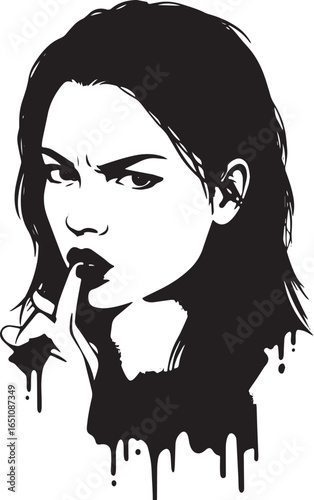 Monochrome illustration of a woman gesturing for silence with a
