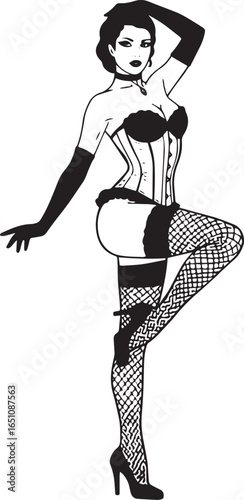 Elegant woman in vintage cabaret outfit standing confidently in