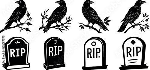 Eerie Halloween Vector Set Crows on Branches and RIP Tombstones
