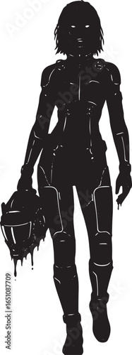 Futuristic warrior in advanced battle suit against white backdro