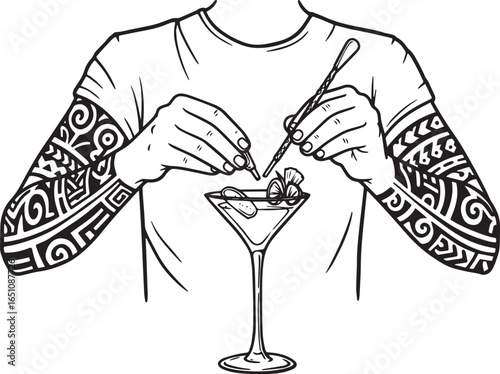 Bartender with tribal tattoos preparing elegant cocktail with ci