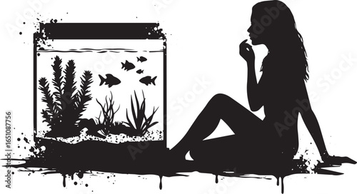Silhouette of a contemplative woman seated next to a stylized aq