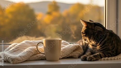 Cat relaxing by window with hot drink and cozy blanket
