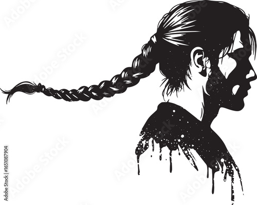 Monochrome illustration of a person with a braid, rendered in a