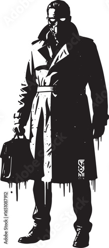 Monochrome vector illustration of a man in a trench coat holding