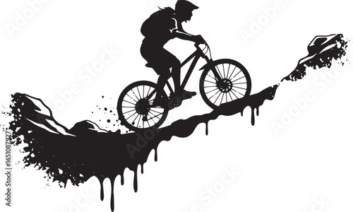 Silhouette of a mountain biker riding downhill with dynamic ink