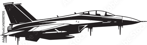 Stylized black and white fighter jet illustration with abstract