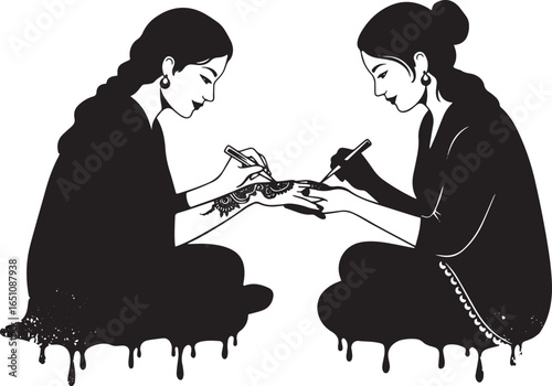 Elegant depiction of henna application session with symmetrical
