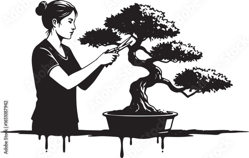 Artistic depiction of a woman carefully tending to a bonsai tree