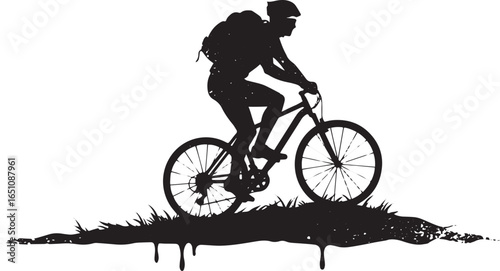 Monochrome illustration depicting a cyclist traversing rugged te