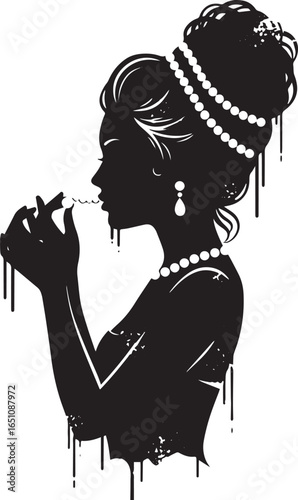 Elegant woman silhouette adorned with pearls, arranging a delica