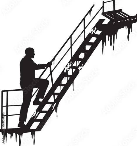 Silhouette of a person climbing aged metallic staircase against
