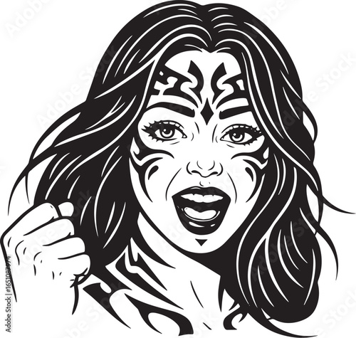 Graphic illustration of woman with tribal face paint screaming i