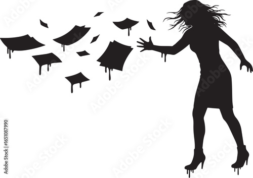 Silhouette of a woman scattering papers as symbol of letting go