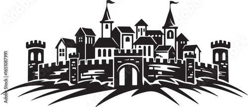 Monochrome Vector Depiction of a Fortified Medieval Town Skyline