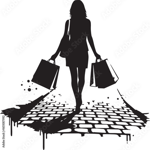 Silhouette of a shopping woman with bags strolling on cobbleston