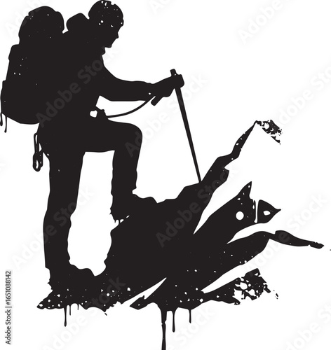 Silhouette of a determined mountaineer conquering a rugged peak