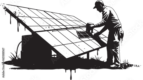 Monochrome image of technician installing solar panels with graf