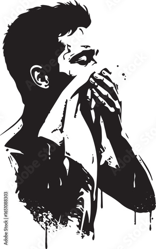 Expressive monochrome portrait of a man wiping face with cloth i
