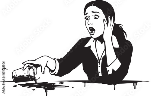 Anxious Woman Reacting to a Spill, Depicting Shock and Concern
