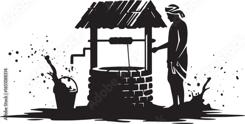 Stylized monochrome silhouette illustration of a man drawing wat