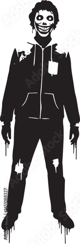 Eerie grinning figure in hoodie creating a sense of unsettling f