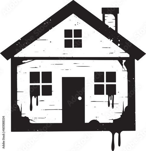 Distressed Old House Icon Depicting Decay and Neglect in Black a