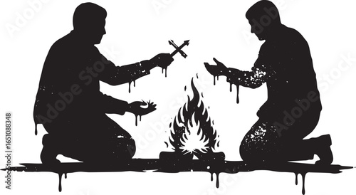 Symbolic ritualistic transaction of power depicted in silhouette
