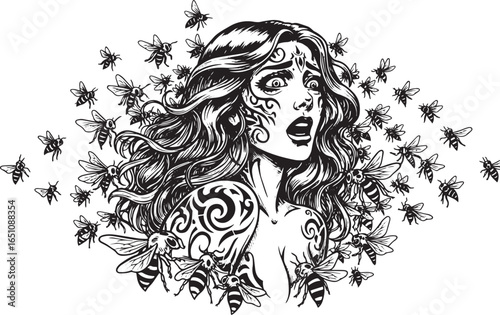 Distressed woman surrounded by bees intricate monochrome illustr