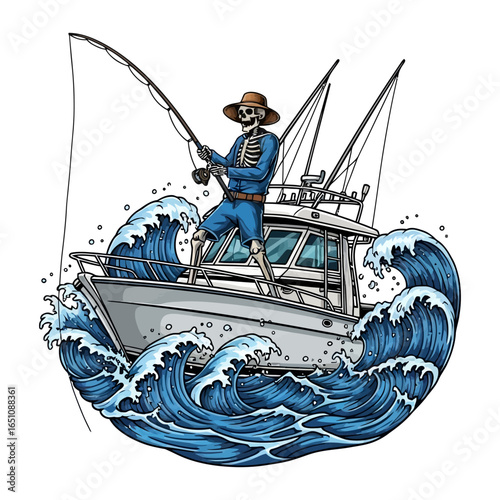 skeleton angler fisherman fishing illustration logo vector image t shirt