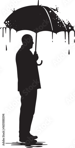 Silhouette of a man holding a dripping umbrella against a white