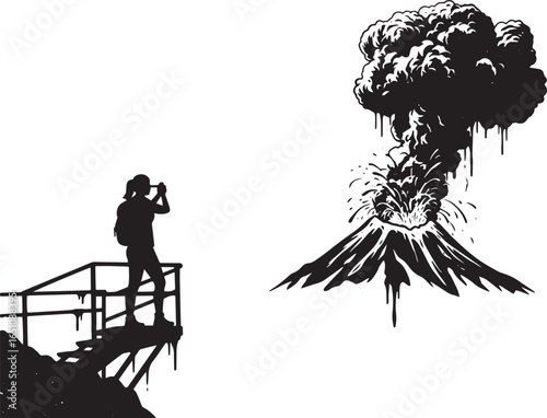 Volcanic observation black and white illustration showcasing nat