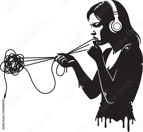 Frustration tangled: A woman's struggle with knotted headphones