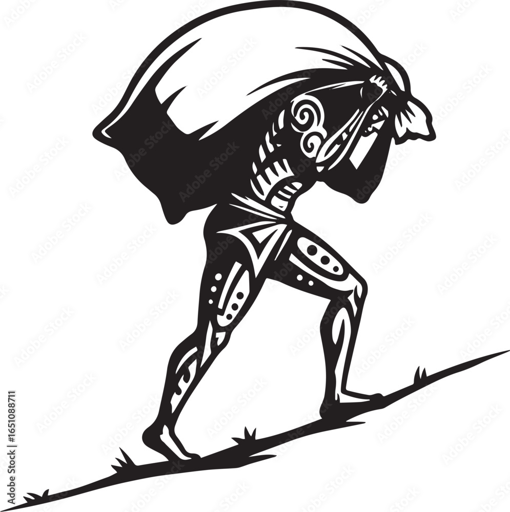 Fototapeta premium Tribal silhouette carrying heavy sack uphill, isolated with whit