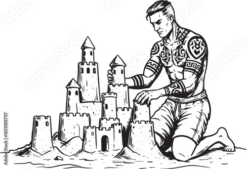 Tattooed man meticulously crafting an intricate sandcastle fortr